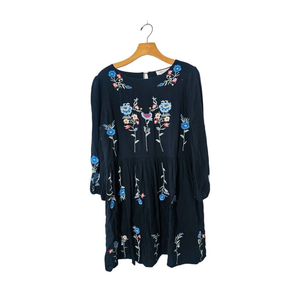 Brass & Roe  SZ M Blue Black Embroidered Floral Boho Hippie Flowy Babydoll Dress